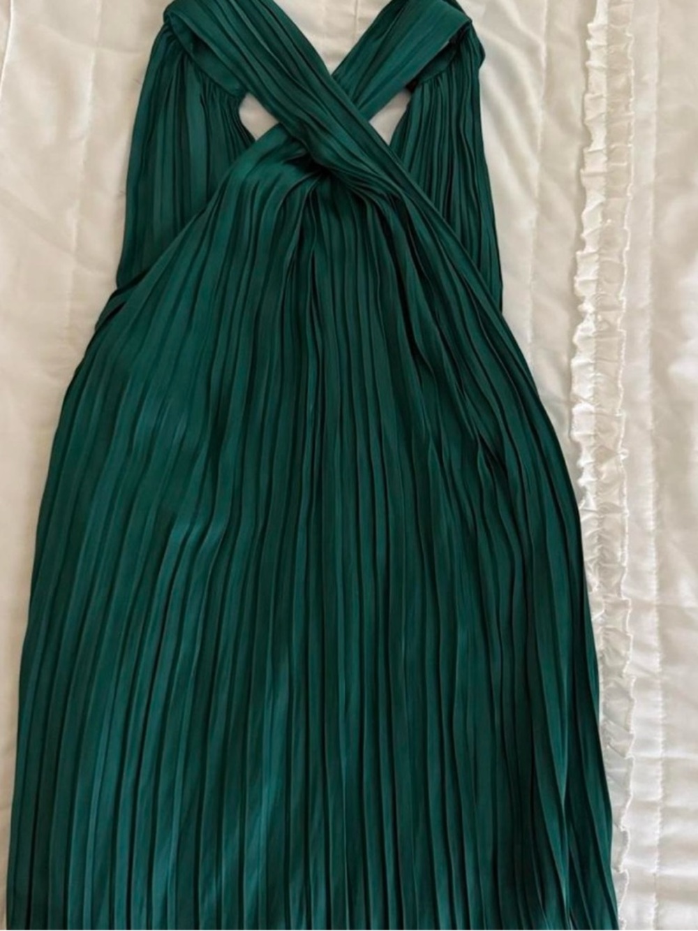 Pleated Emerald Green Cross-Back Halter Top